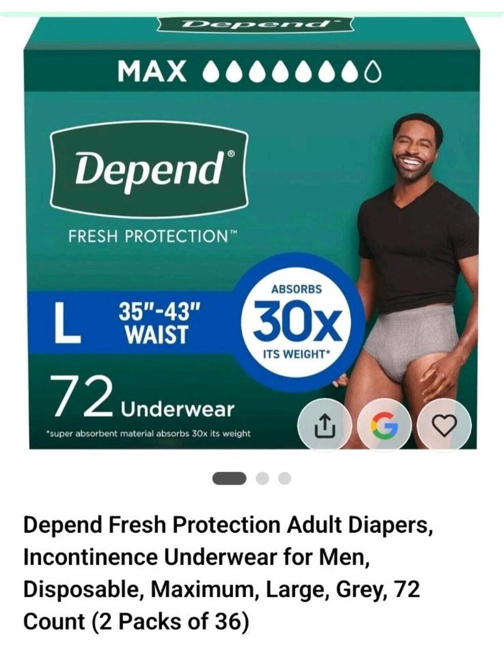 Depend Fresh Protection Max Underwear Men Large 35-43” 72 Ct Maximum Absorbency
